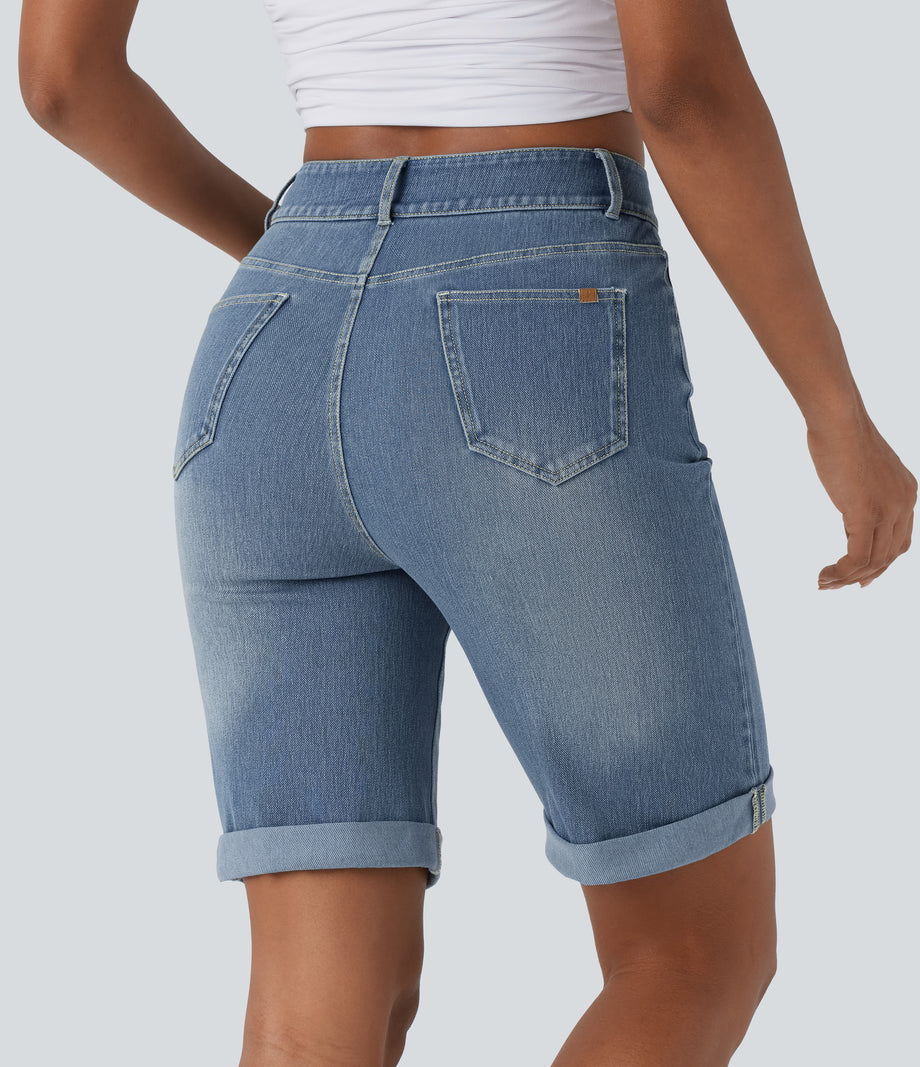 Halara Flex™ High Waisted Pockets Rolled Hem Washed Denim Casual Bermuda Shorts - Blue Spruce Denim