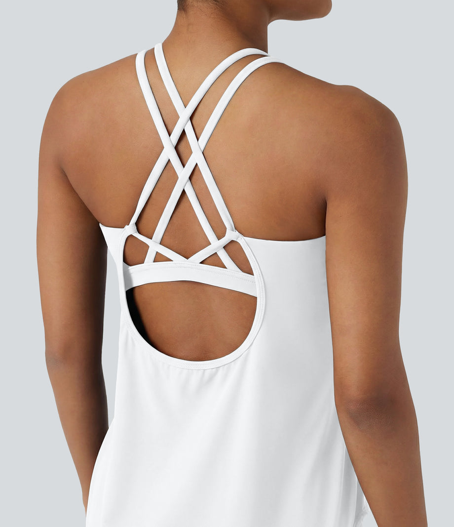 Halara UltraSculpt™ Round Neck Crisscross Back Running Tank Tops DD-F Cups - White