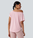 One Shoulder Short Sleeve Curved Hem High Low Quick Dry Yoga Sports Top - Pale Lilac