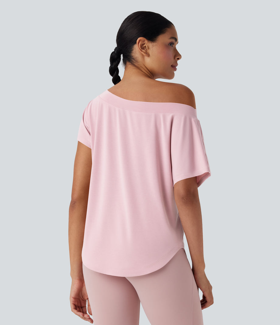 One Shoulder Short Sleeve Curved Hem High Low Quick Dry Yoga Sports Top - Pale Lilac