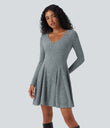 Ribbed Knit V Neck Long Sleeve Flare Mini Casual Dress with Pockets - Light Blue Floral Velvet
