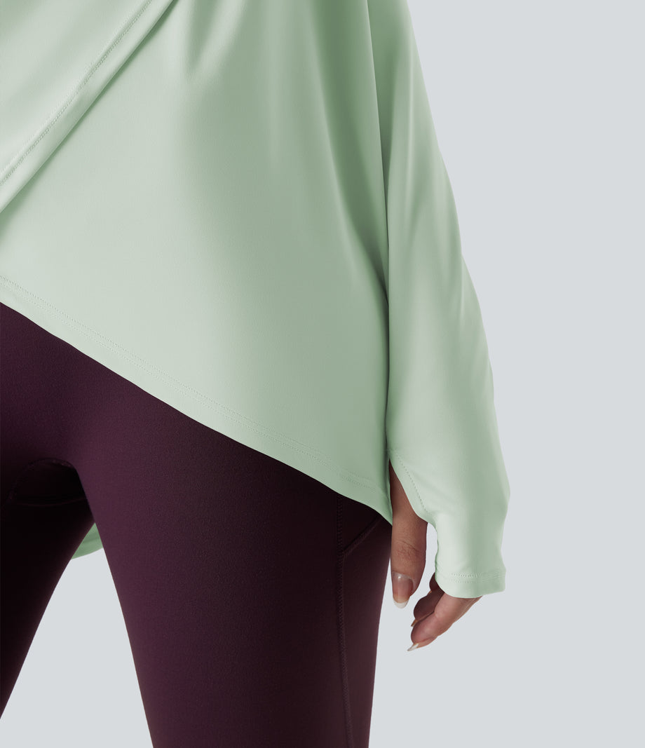 Hooded Cowl Neck Long Sleeve Thumb Hole Yoga Sports Top with Pockets - Dewkist