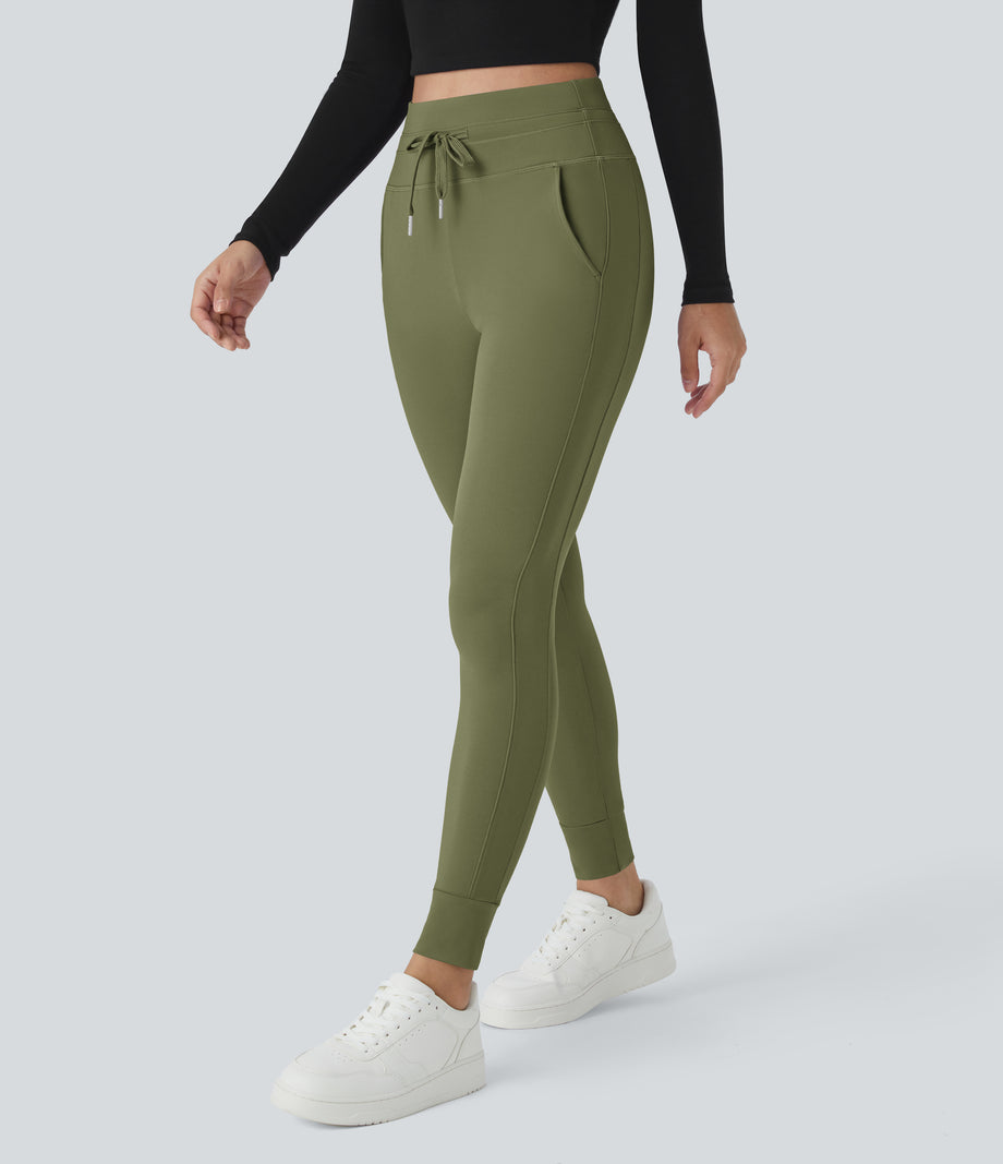 SoftlyZero™ Plush High Waisted Drawstring Pocket Plain Full Length Joggers - Loden Green