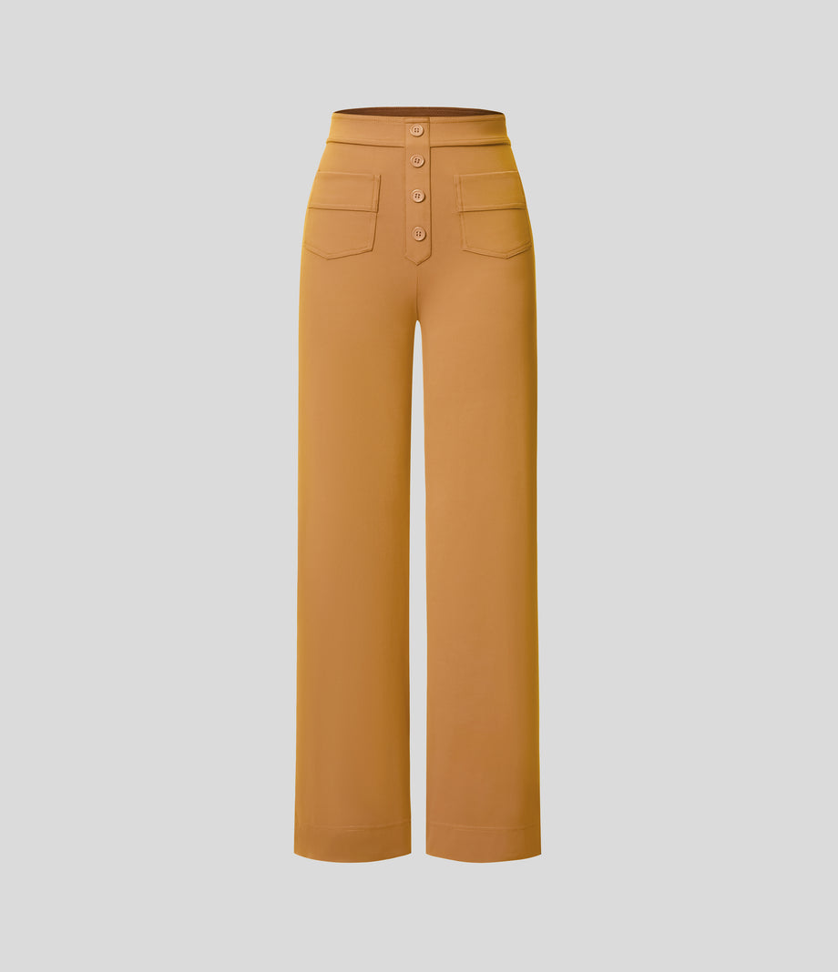 DayStretch High Waisted Pockets Straight Leg Casual Pants - Buckskin