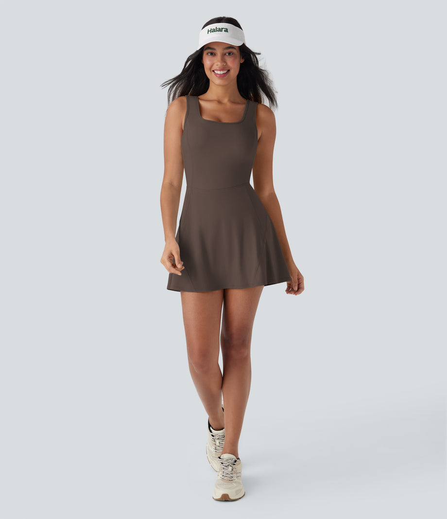 SoftlyZero™ Airy U Neck 2-in-1 Pocket Mini Cool Touch Dance Active Dress-Easy Peezy - Chocolate Martini