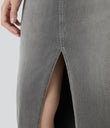 Halara Flex™ High Waisted Pockets Bodycon Washed Denim Casual Midi Skirt - Black Iron Gray Denim