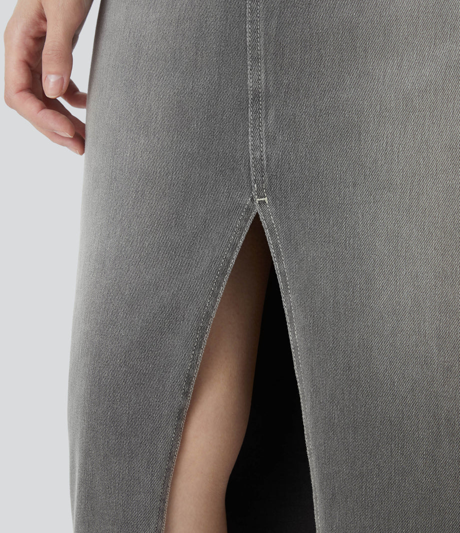 Halara Flex™ High Waisted Pockets Bodycon Washed Denim Casual Midi Skirt - Black Iron Gray Denim
