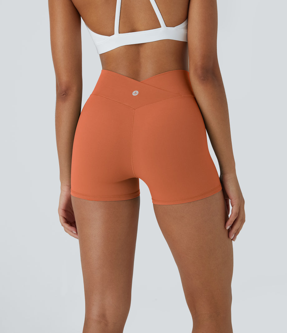 SoftlyZero™ High Waisted Crossover Plain Yoga Biker Shorts 3''-UPF50+ - Spice Route