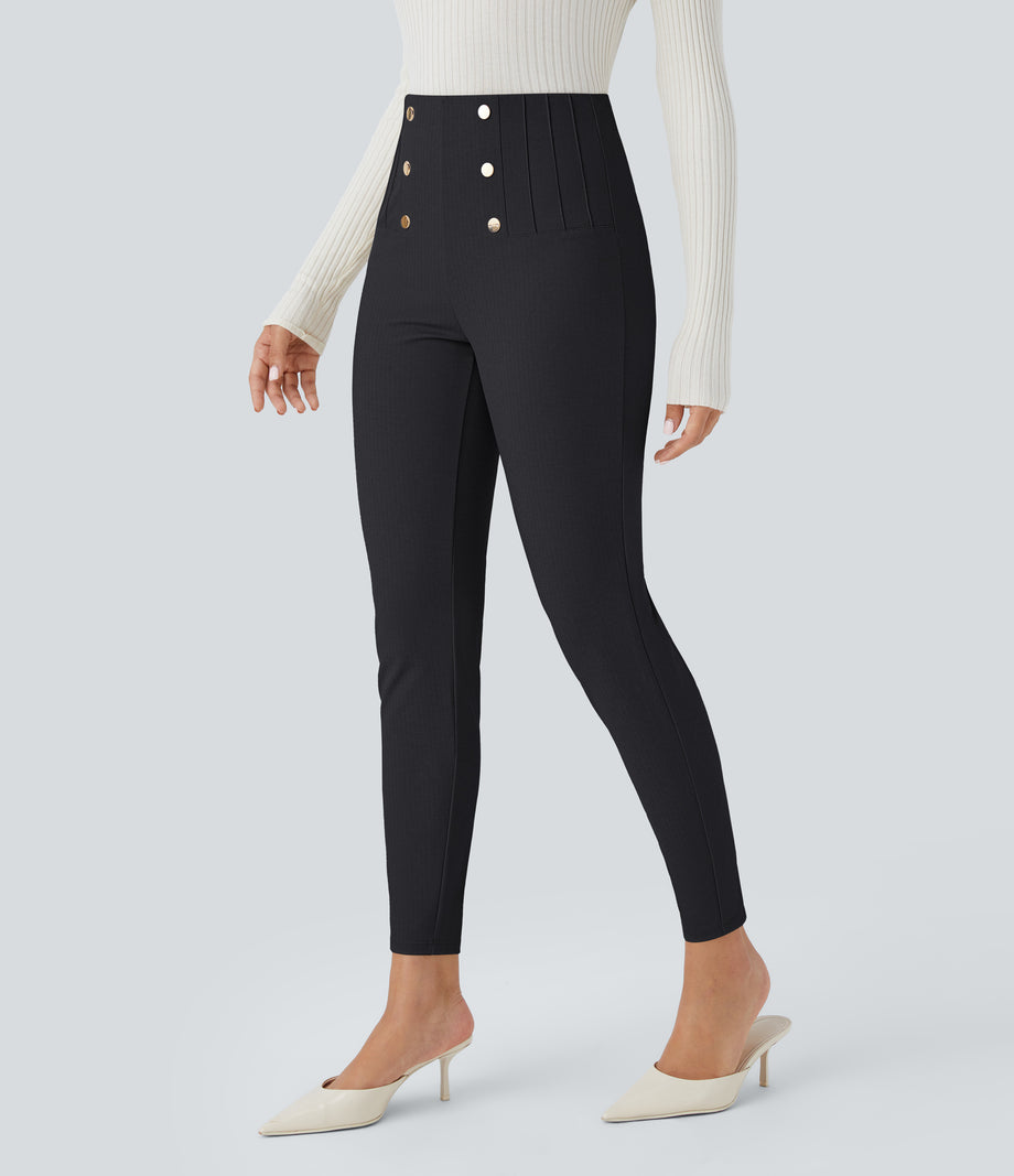 High Waisted Tummy Control Decorative Back Zipper Pockets Herringbone Work Leggings - Blue Graphite