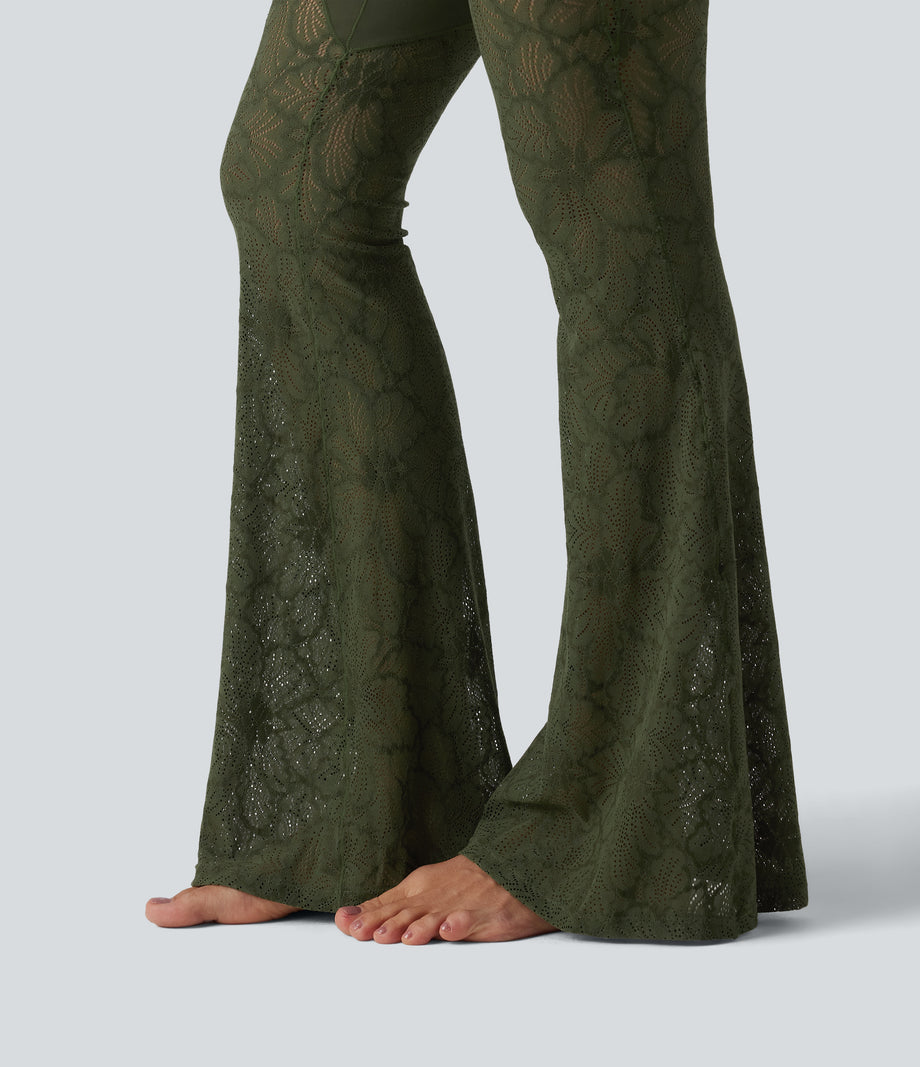 Halara UltraSculpt™ High Waisted Tummy Control Contrast Lace Yoga Flare Leggings with Pocket - Deep Woodland Green