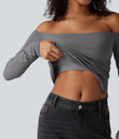 Ribbed Knit Off Shoulder Long Sleeve 2-in-1 Casual Top - Gray Quill