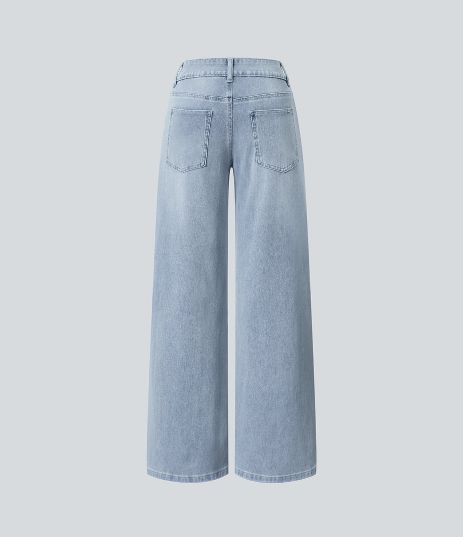 Halara Flex™ Low Rise Zipper Pockets Washed Baggy Wide Leg Casual Jeans - Light Azure Denim