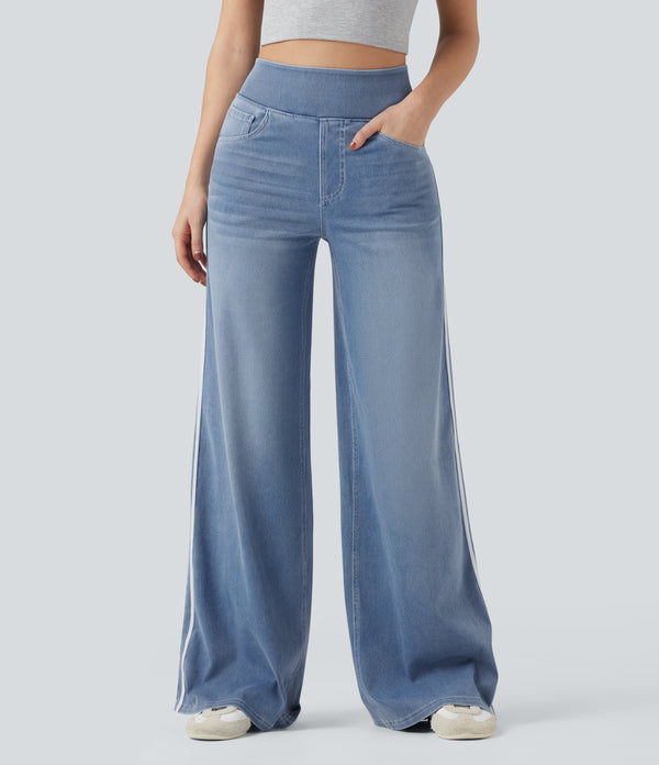 Halara Flex™ High Waisted Stripe Wide Leg Flowy Washed Casual Jeans with Pockets - Powder Blue Denim