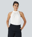 Keyhole Back Halter Sleeveless Curved Hem Work Blouse - Fish Belly White
