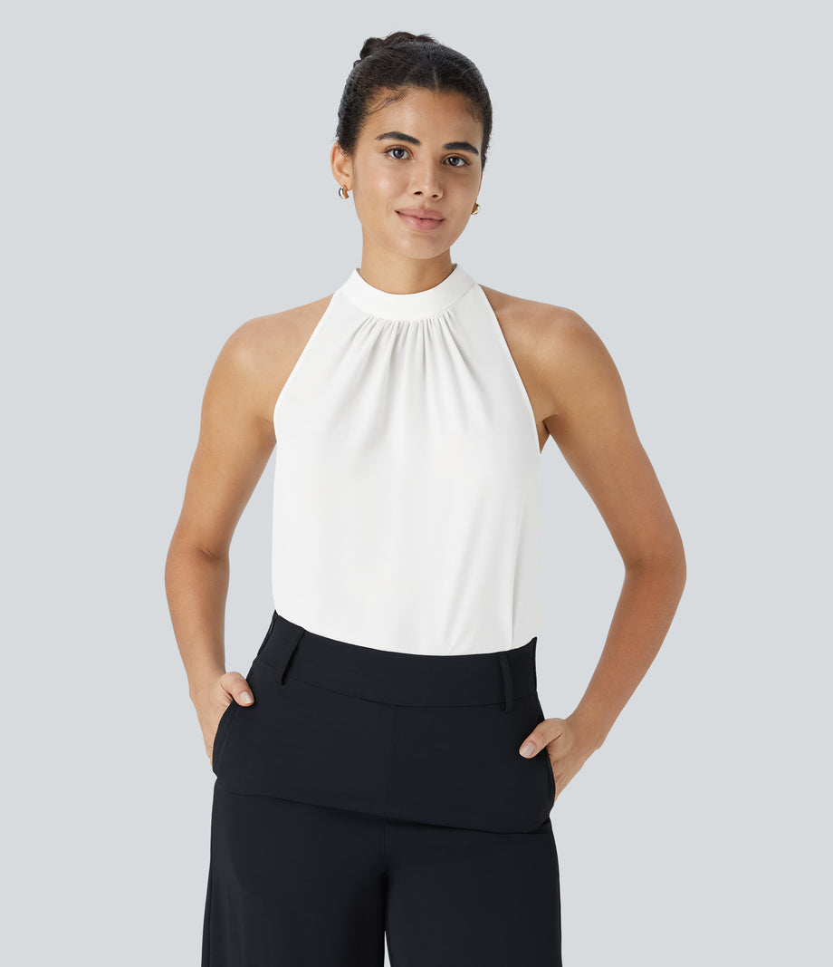 Keyhole Back Halter Sleeveless Curved Hem Work Blouse - Fish Belly White