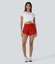 SoftlyZero™ QuickDry High Waisted Tummy Control Reflective Dots Crossover Hem 2-in-1 Running Shorts 3'' with Pockets - Valiant Poppy