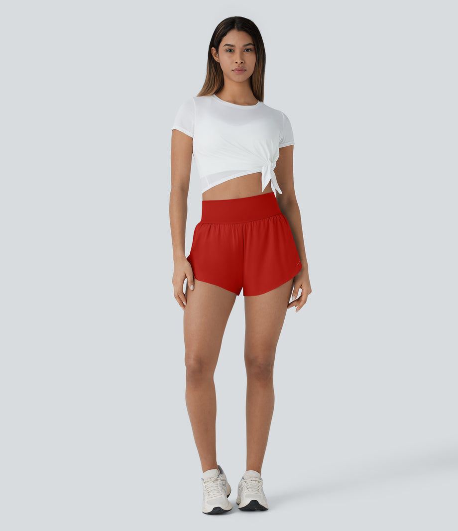 SoftlyZero™ QuickDry High Waisted Tummy Control Reflective Dots Crossover Hem 2-in-1 Running Shorts 3'' with Pockets - Valiant Poppy