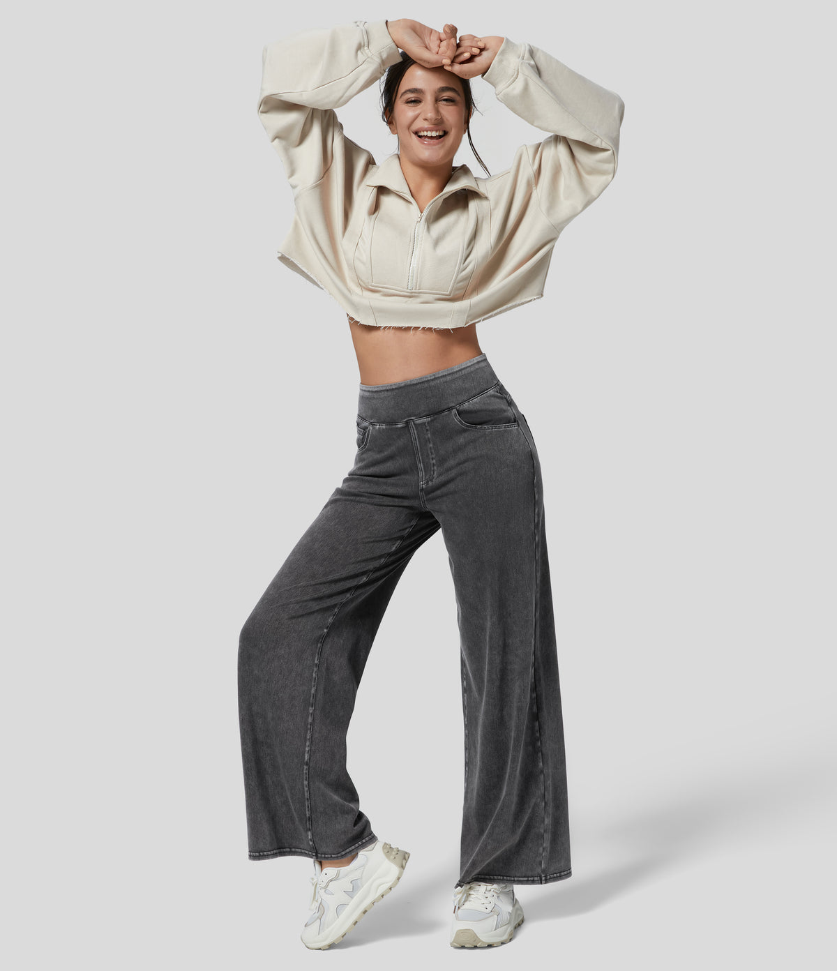 Halara Flex™ High Waisted Pockets Wide Leg Loose Work Jeans - Hemp Rope Black Denim