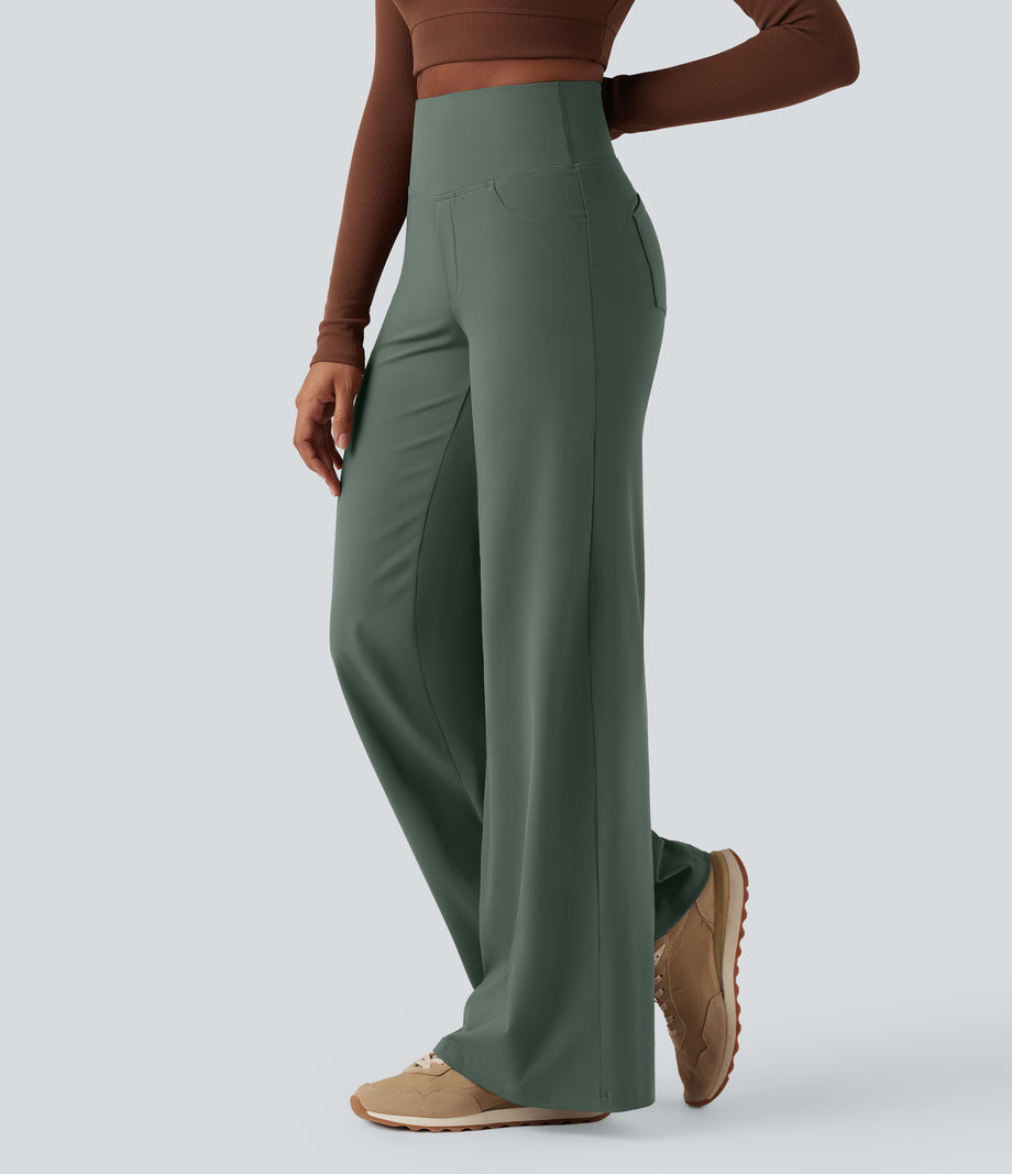 DayStretch High Waisted Tummy Control Wide Leg Baggy Yoga Pants with Pockets - Deep Aquamarine