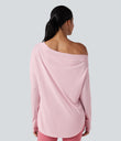 One Shoulder Long Sleeve Thumb Hole Curved Hem High Low Quick Dry Yoga Sports Top-Built-in Bra - Pale Lilac