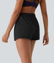 High Waisted Elastic Waistband Drawstring Pleated Yoga Shorts 3" with Pockets - Black