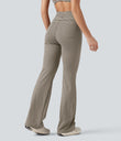 High Waisted Drawstring Stripe Flare Yoga Pants with Pockets - Sandstone Beige