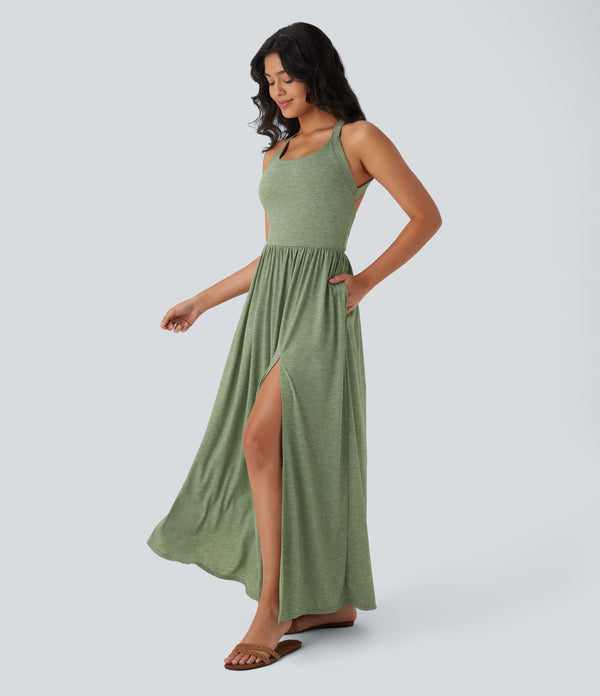 Twisted Backless Split Flowy Maxi Resort Dress with Pockets - Light Green Floral Yarn