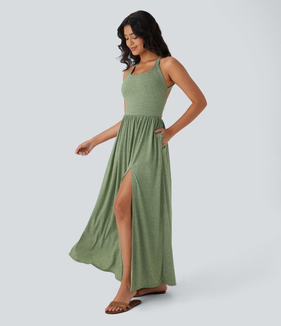 Twisted Backless Split Flowy Maxi Resort Dress with Pockets - Light Green Floral Yarn