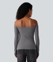 Ribbed Knit Off Shoulder Long Sleeve 2-in-1 Casual Top - Gray Quill