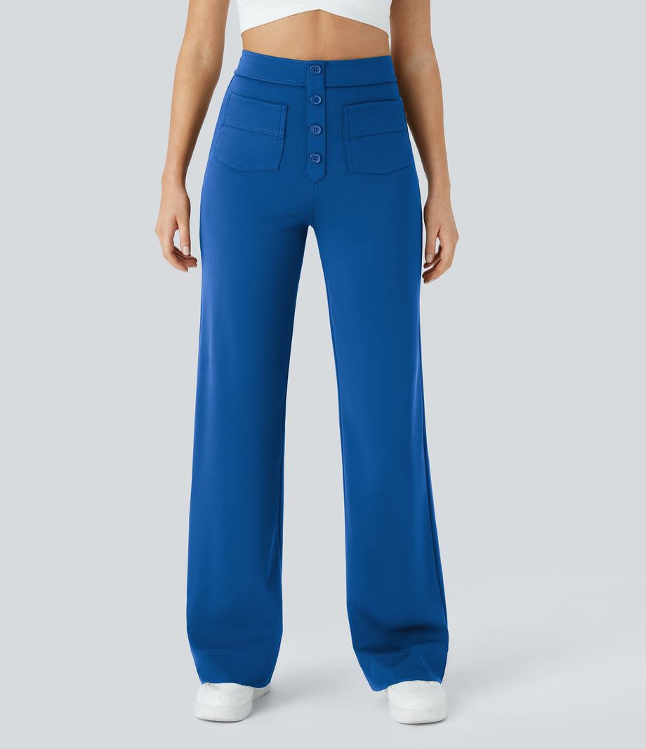 DayStretch High Waisted Pockets Straight Leg Casual Pants - Victoria Blue