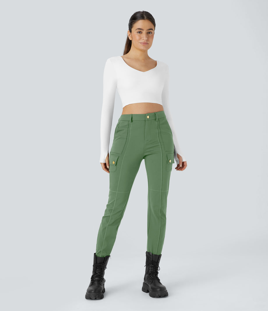 DayStretch High Waisted Zipper Pockets Solid Skinny Cargo Pants - Kashmir