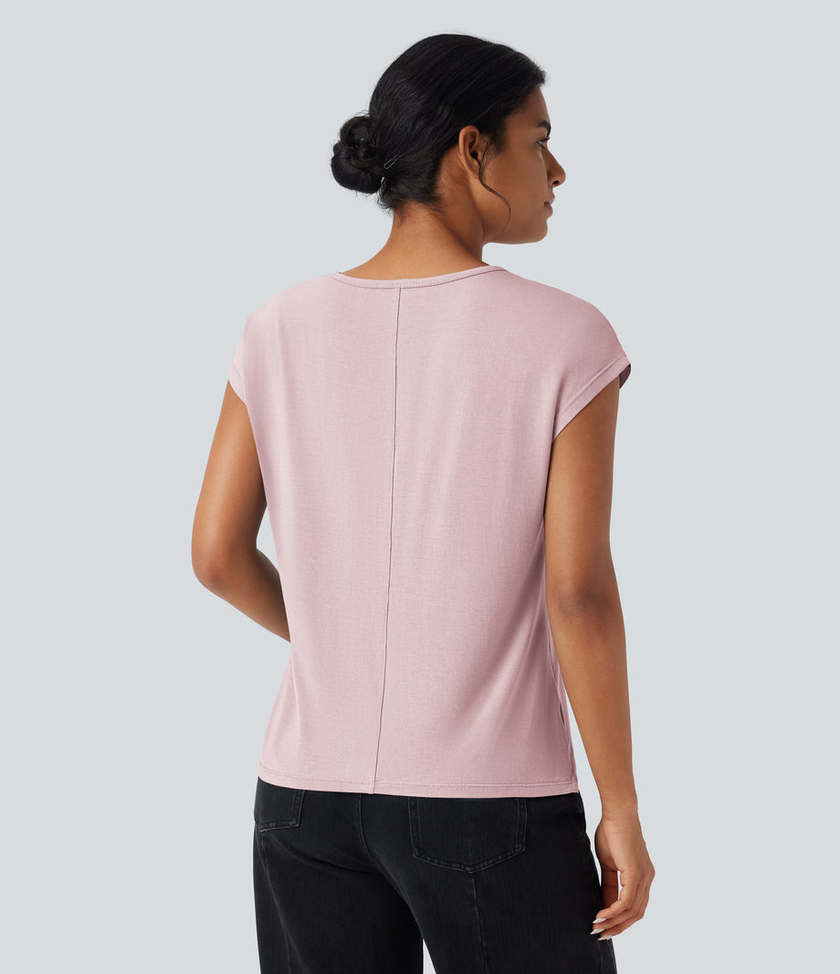 V Neck Short Sleeve Casual T-Shirt - Porcelain Pink