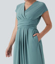 Breezeful™ V Neck Short Sleeve Pocket Tie Back Quick Dry Midi Casual Dress - Stone Blue
