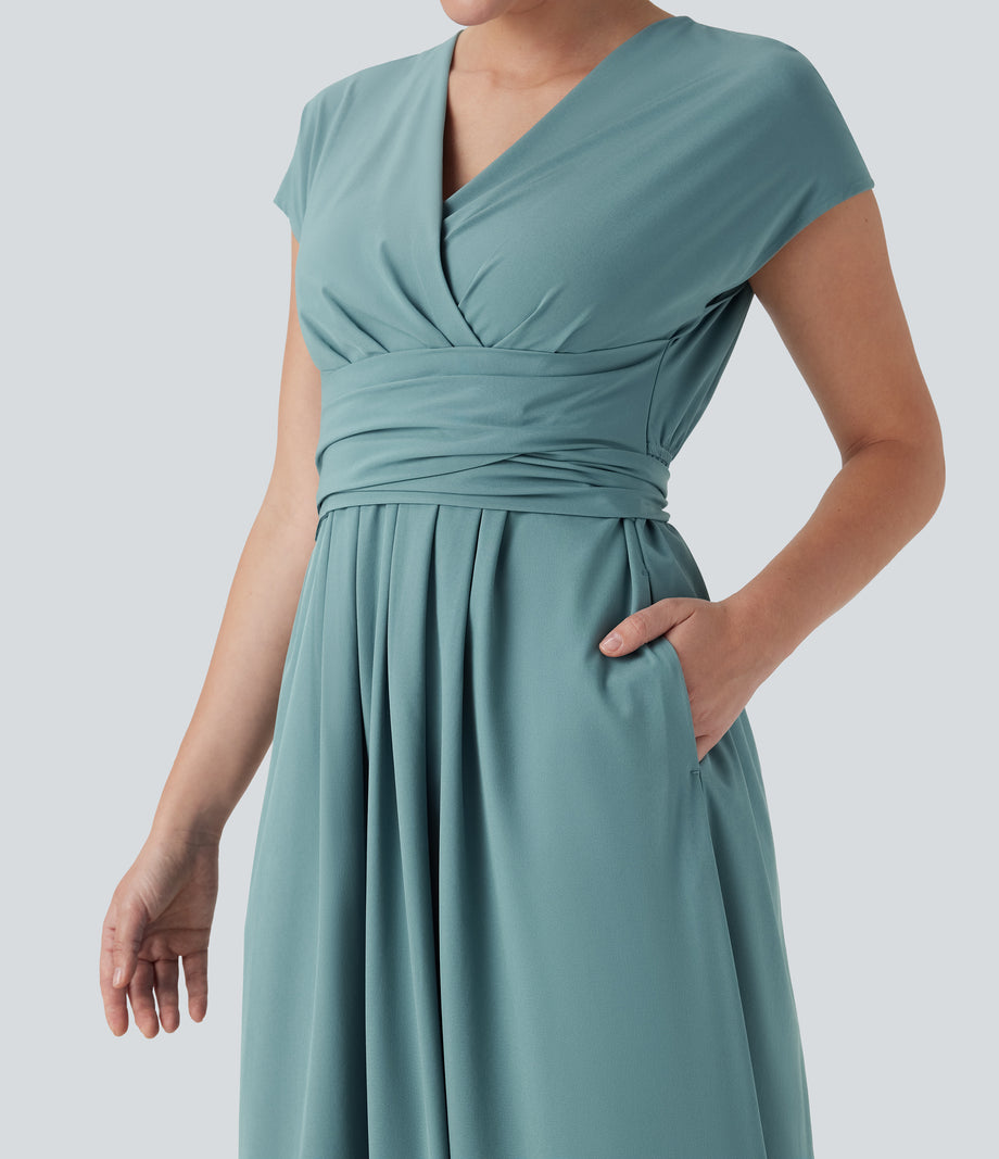 Breezeful™ V Neck Short Sleeve Pocket Tie Back Quick Dry Midi Casual Dress - Stone Blue