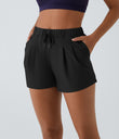 High Waisted Elastic Waistband Drawstring Pleated Yoga Shorts 3" with Pockets - Black