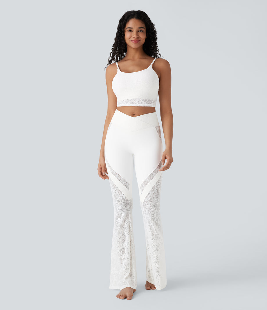 SoftlyZero™ High Waisted Crossover Pocket Contrast Lace Flare Yoga Leggings - White