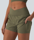 SoftlyZero™ Airy Crossover High Waisted 2-in-1 Cool Touch Yoga Shorts 3'' with Pockets - Withered Green