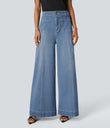 Halara Flex™ High Waisted Pockets Washed Casual Wide Leg Jeans - Azure Blue Denim