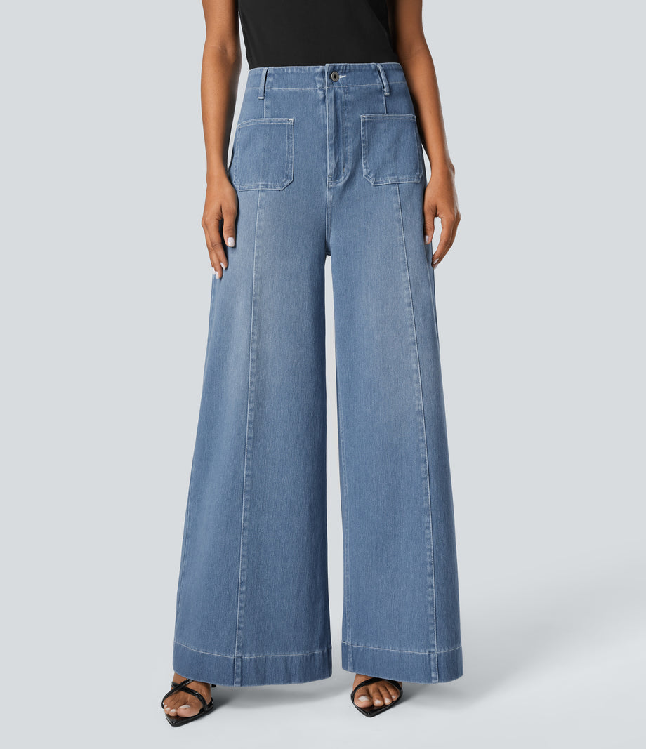 Halara Flex™ High Waisted Pockets Washed Casual Wide Leg Jeans - Azure Blue Denim
