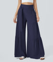 Breezeful™ High Waisted Shirred Tie Front & Back Wide Leg Flowy Quick Dry Casual Pants - Black Diamond Blue