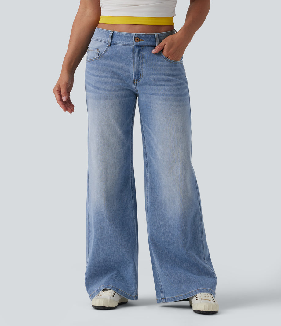 Halara Flex™ Low Rise Zipper Pockets Washed Baggy Wide Leg Casual Jeans - Malibu Blue Denim