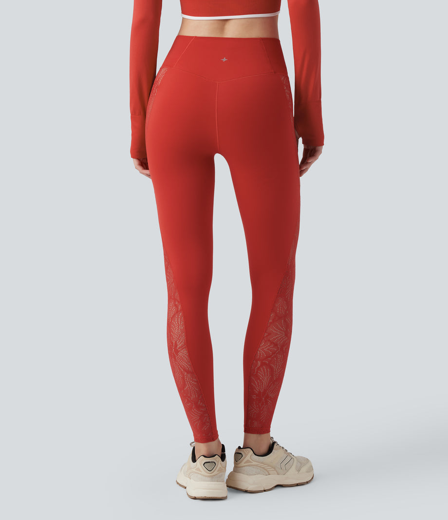 SoftlyZero™ High Waisted Crossover Contrast Lace Pocket Yoga Leggings-UPF50+ - Valiant Poppy