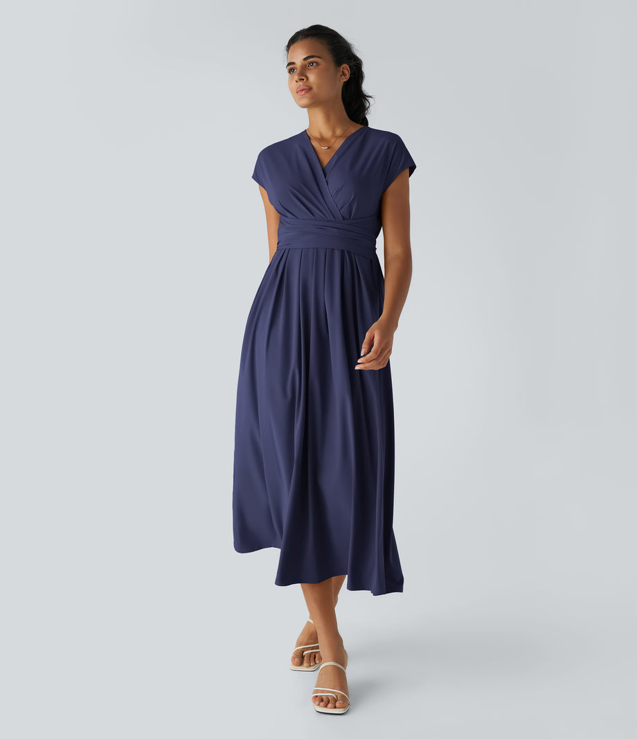 Breezeful™ V Neck Short Sleeve Pocket Tie Back Quick Dry Midi Casual Dress-Longer Length - Patriot Blue