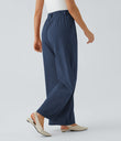 High Waisted Pocket Wide Leg Flowy Solid Palazzo Casual Linen-Feel Pants - Deep Secluded Blue