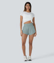 SoftlyZero™ QuickDry High Waisted Tummy Control Reflective Dots Crossover Hem 2-in-1 Running Shorts 3'' with Pockets - Ether