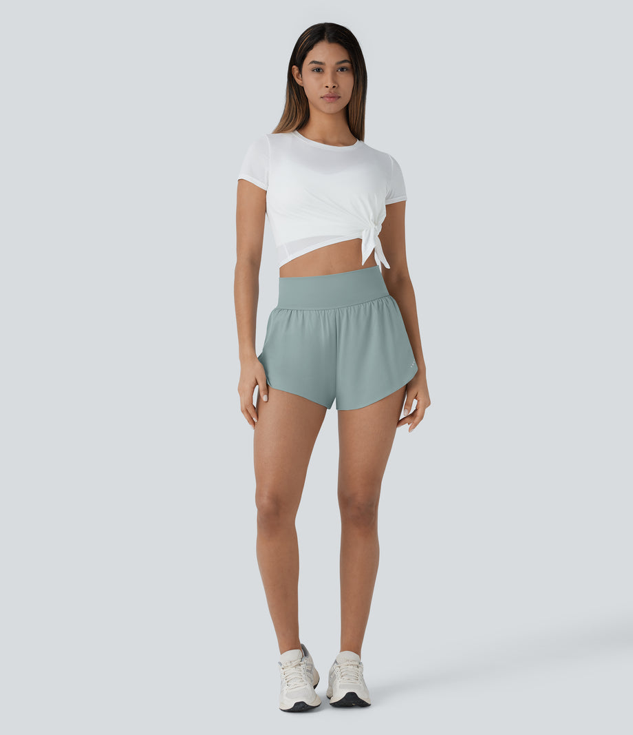 SoftlyZero™ QuickDry High Waisted Tummy Control Reflective Dots Crossover Hem 2-in-1 Running Shorts 3'' with Pockets - Ether