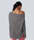 One Shoulder Long Sleeve Thumb Hole Curved Hem High Low Quick Dry Yoga Sports Top-Built-in Bra - Steel Gray