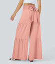 Breezeful™ High Waisted Shirred Tie Front & Back Wide Leg Flowy Quick Dry Casual Pants - Peach Melba