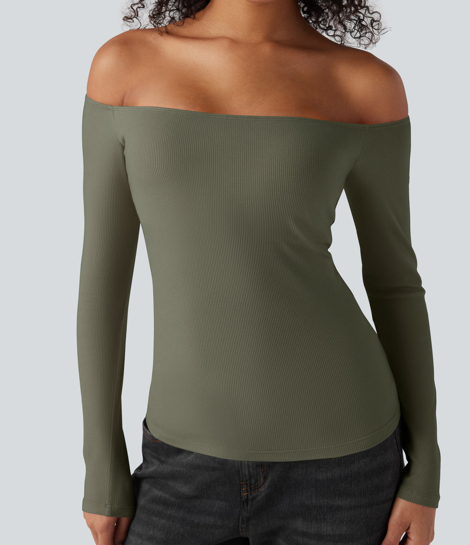 Ribbed Knit Off Shoulder Long Sleeve 2-in-1 Casual Top - Dusty Olive