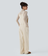 Halara Flex™ V Neck Pocket Washed Denim Casual Overalls - Khaki White Denim